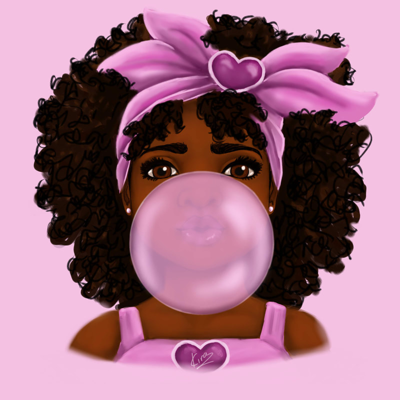 Digital artwork by Kira depicting a young African-American girl with curly hair, blowing a large pink bubblegum bubble. She wears a pink headband with a heart decoration and a pink outfit with a heart emblem. The background is a solid light pink.