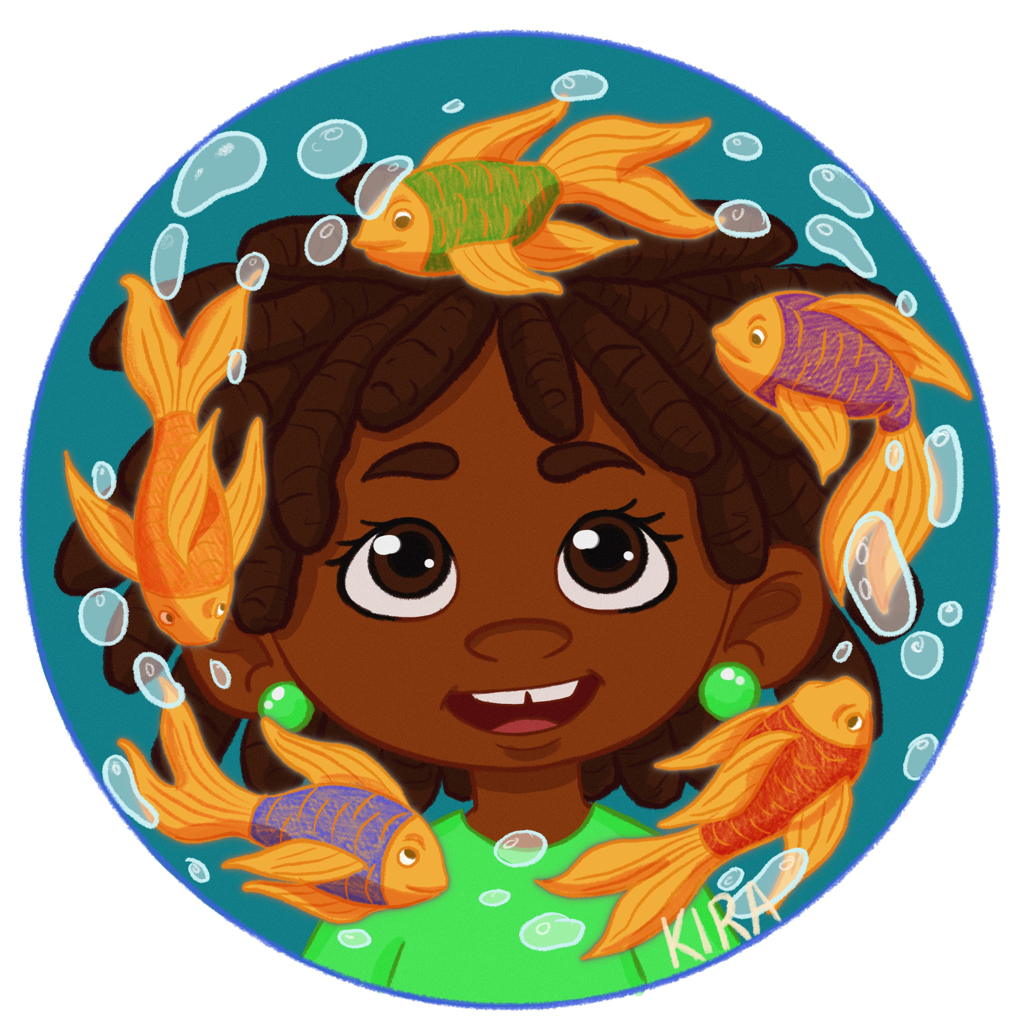 Illustration of a happy child with brown skin and curly hair, surrounded by colorful goldfish swimming in water with bubbles. Black girl art.