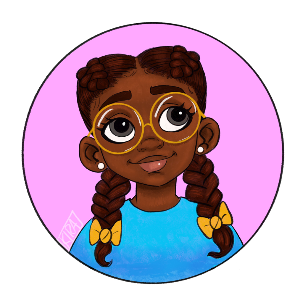 Illustration of a young girl with brown skin and braided hair, wearing yellow glasses and bows, looking upward with a thoughtful expression.