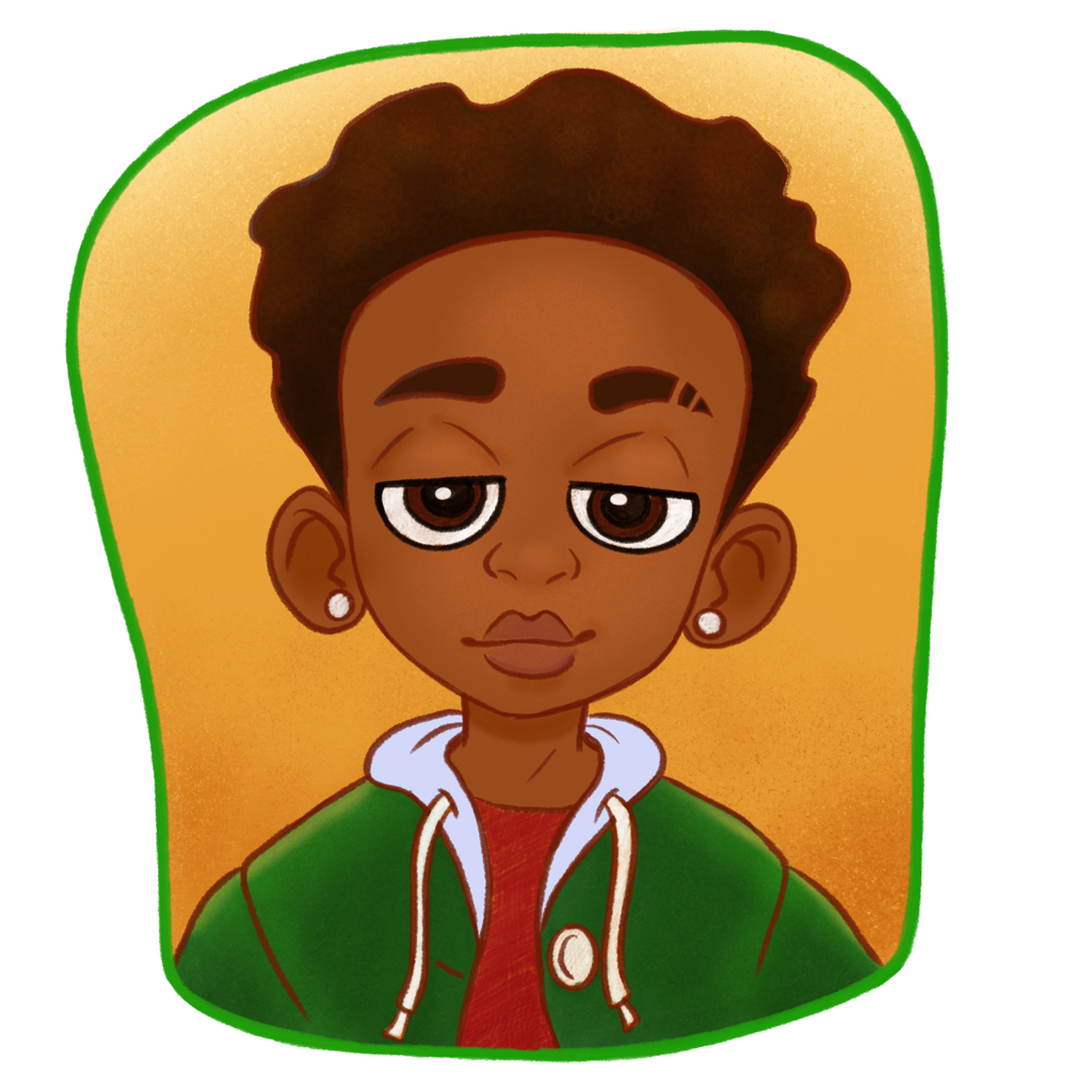 Illustration of a young boy with brown skin, short curly hair, wearing a green hoodie and looking confidently ahead.