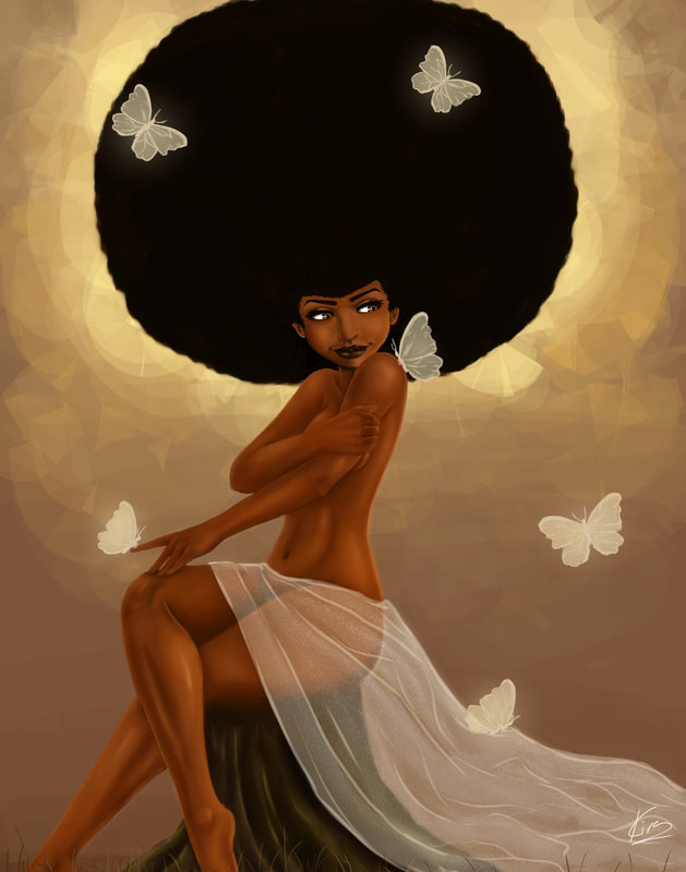 Digital artwork by Kira depicting an African-American woman sitting on a tree stump, draped in a sheer white fabric. She has a large afro, surrounded by a halo of golden light, and white butterflies flutter around her. The scene exudes a serene and ethereal atmosphere