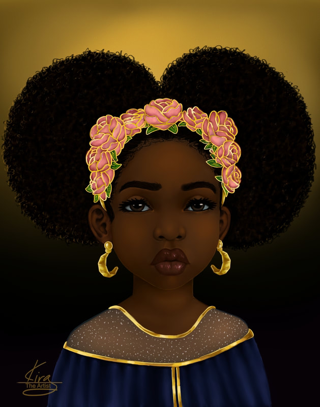 Digital artwork by Kira depicting a young African-American girl with curly hair in two large puffs, wearing a floral headband with pink roses and green leaves. She is adorned with gold hoop earrings and a dark blue dress with golden accents. The background transitions from dark to light, creating a halo effect.