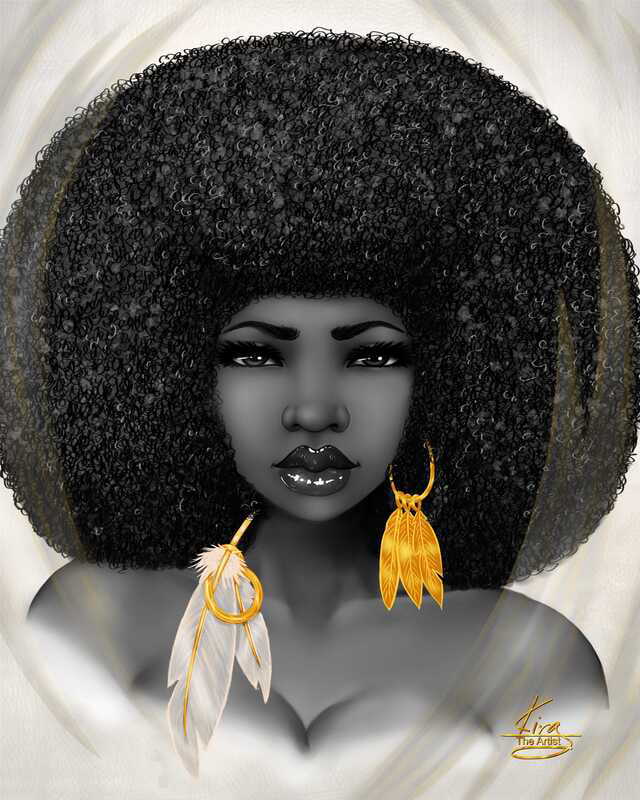 Black-and-white digital artwork by Kira depicting an African-American woman with a large afro. She wears distinctive earrings: a gold hoop with white feathers and gold feather-shaped drops. Her bold eyes and glossy lips stand out against the monochromatic palette, enhanced by the golden accents.