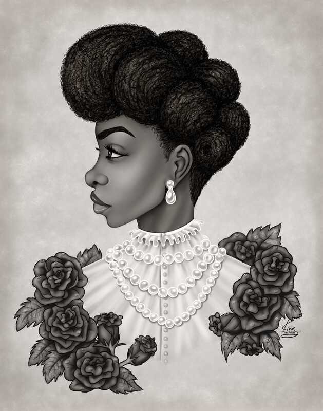 Black-and-white digital artwork by Kira depicting a profile portrait of an African-American woman with an intricate updo. She wears a high-collared, Victorian-inspired blouse with layers of pearls and pearl earrings. Detailed roses surround her, enhancing the composition's elegance and timelessness.