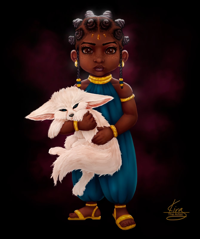 Digital artwork by Kira depicting an adorable young African girl with dark skin and hair styled in Bantu knots, holding a fluffy white fennec fox. She wears a teal jumpsuit and gold jewelry. The background is a dark gradient with hints of purple, enhancing the enchanting feel.