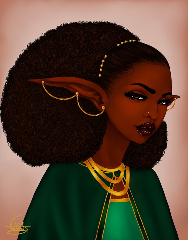 Digital artwork by Kira depicting an African-American elf woman with curly hair, adorned with gold beads and chains over her pointed ears. She wears a green cloak with golden accents and a layered gold necklace. Her intense gaze and bold makeup enhance her regal and mystical appearance