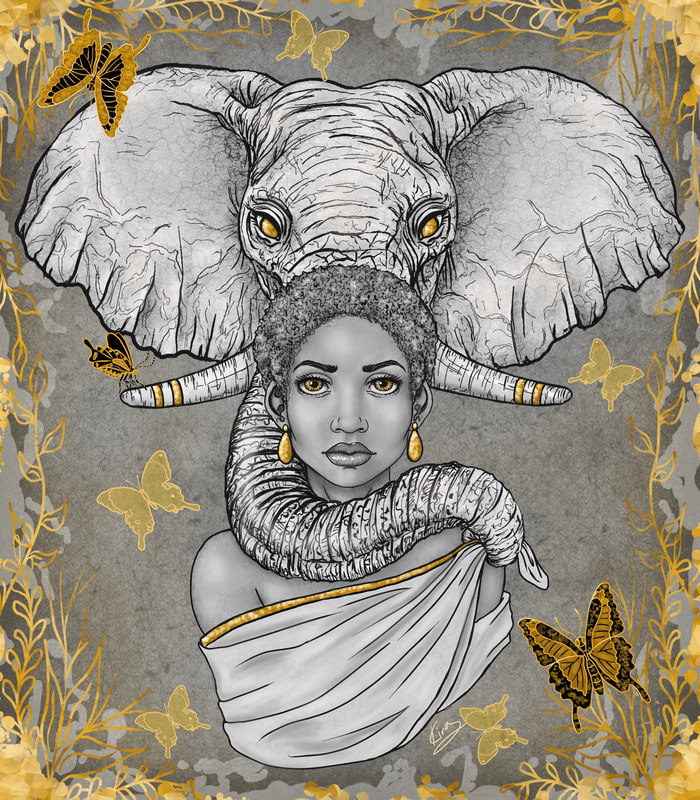 Digital artwork by Kira depicting an African woman with short curly hair, golden eyes, and gold jewelry. She is enveloped by the trunk of an African elephant with matching golden eyes. The background features gold and gray butterflies and intricate floral patterns, adding to the regal and mystical atmosphere.