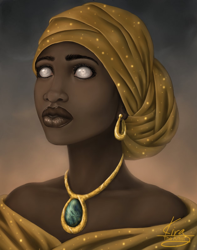 Digital artwork by Kira depicting an ethereal African woman with striking pupil-less eyes, wearing a golden headwrap and attire speckled with golden dots. She is adorned with gold earrings and a gold necklace featuring a large green gemstone pendant. The background transitions from dark to light, enhancing the mystical feel.