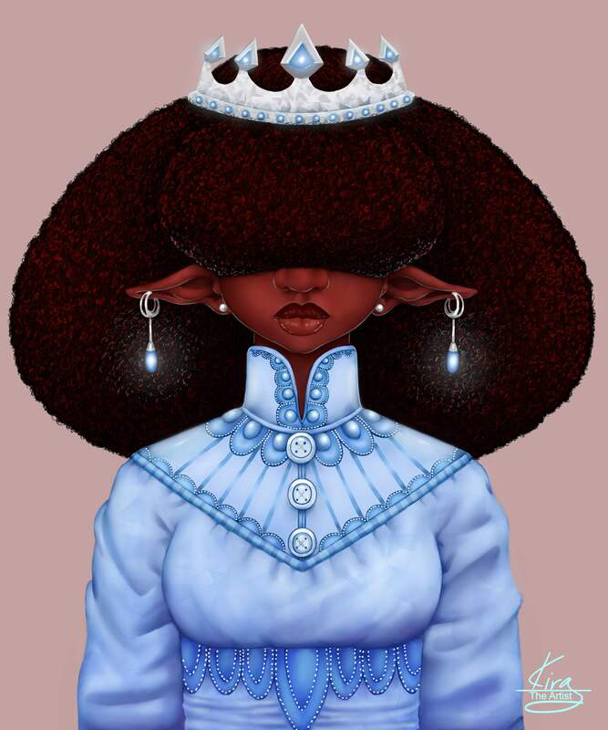 Digital artwork by Kira depicting an African-American elf princess with a voluminous afro partially covering her eyes. She wears a silver crown with blue gems, a high-collared blue dress with intricate patterns, and drop earrings with glowing blue pearls. The background is a muted mauve.