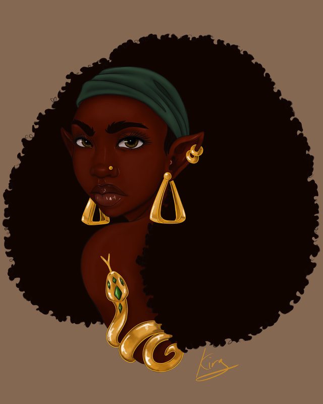 Digital artwork by Kira depicting an African-American elf with a large afro, wearing a green headband and gold jewelry, including triangular earrings, a nose ring, and a choker necklace with a golden snake pendant. The background is a muted brown