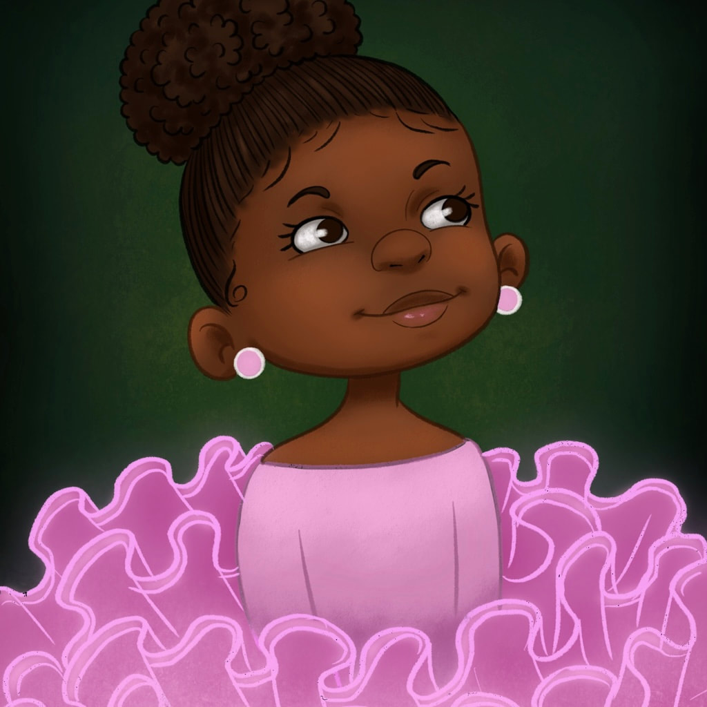 Little black girl ballerina, dressed in a pink tutu in front of green background. Black girl art.