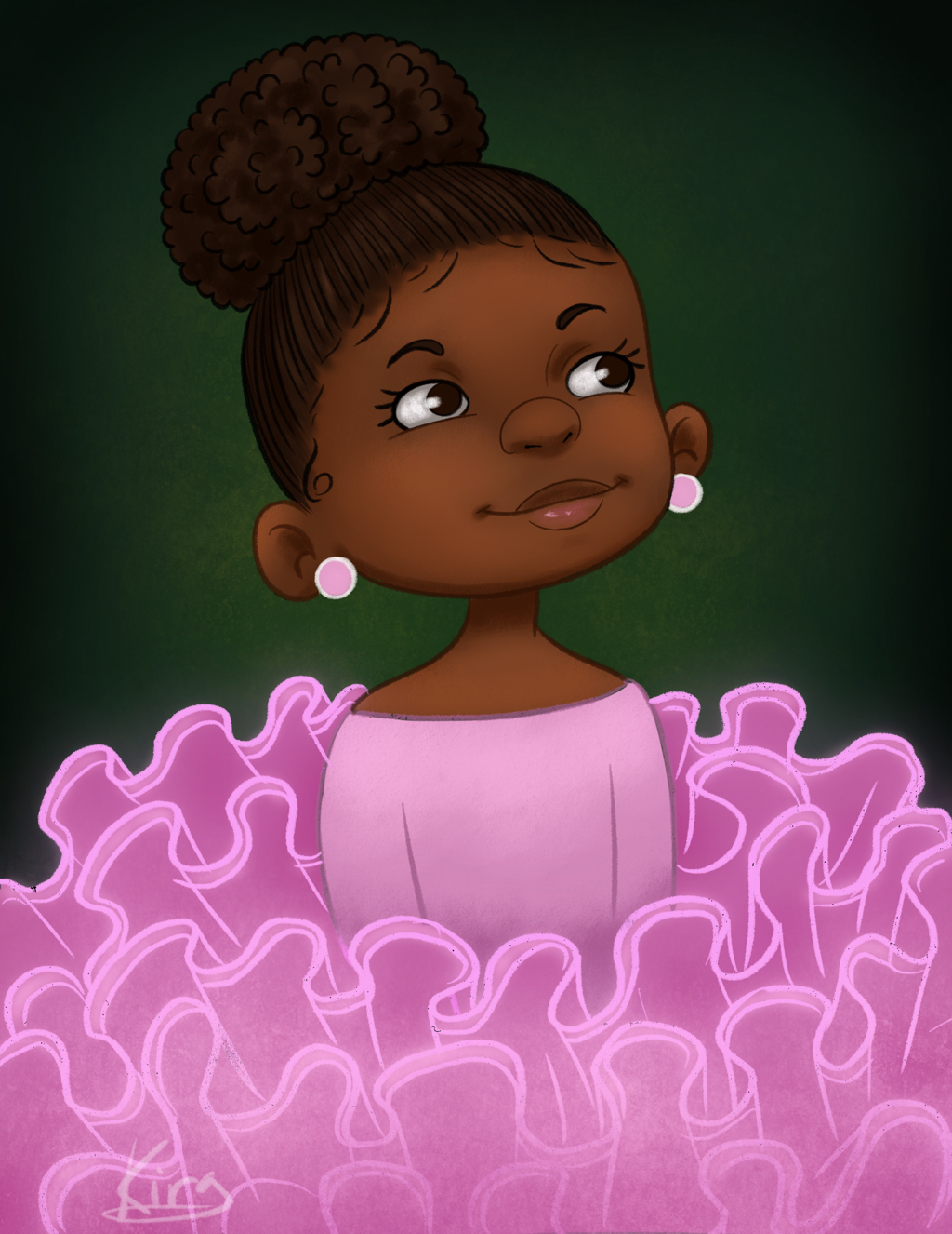 Illustration of a ballerina in a pink tutu in front of a green background