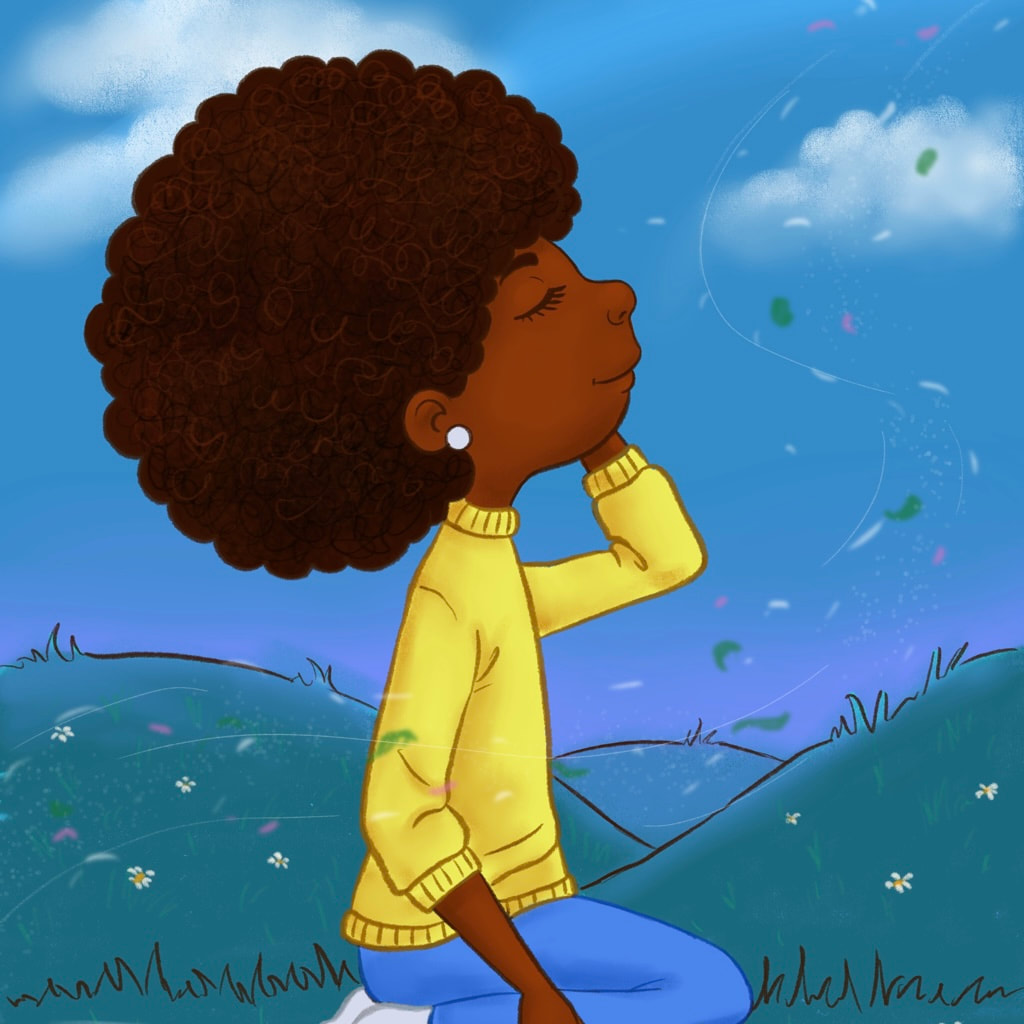 Illustration of a young black girl with Afro hair, yellow sweater, blue pants,sitting in the grass. Black girl art.