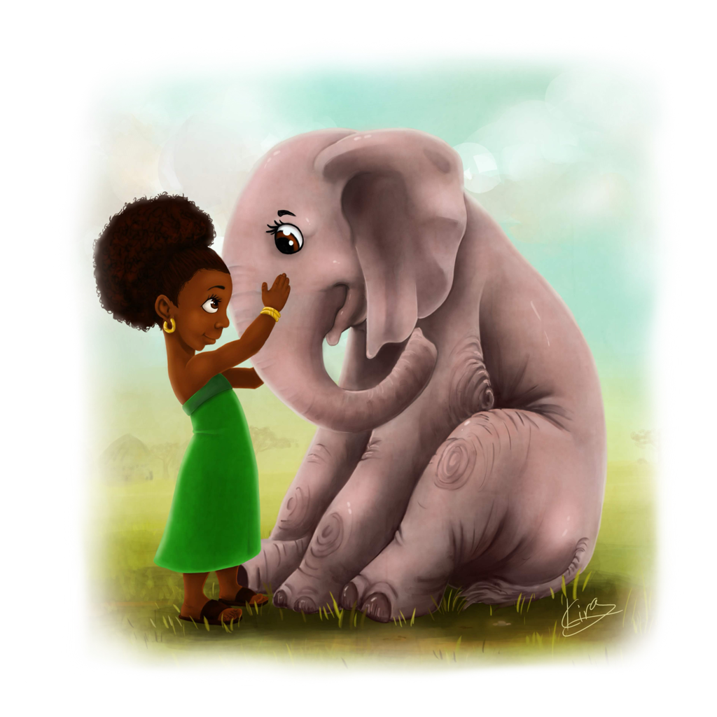 Illustration of a young girl with brown skin in a green dress, gently touching the face of a large, friendly elephant.